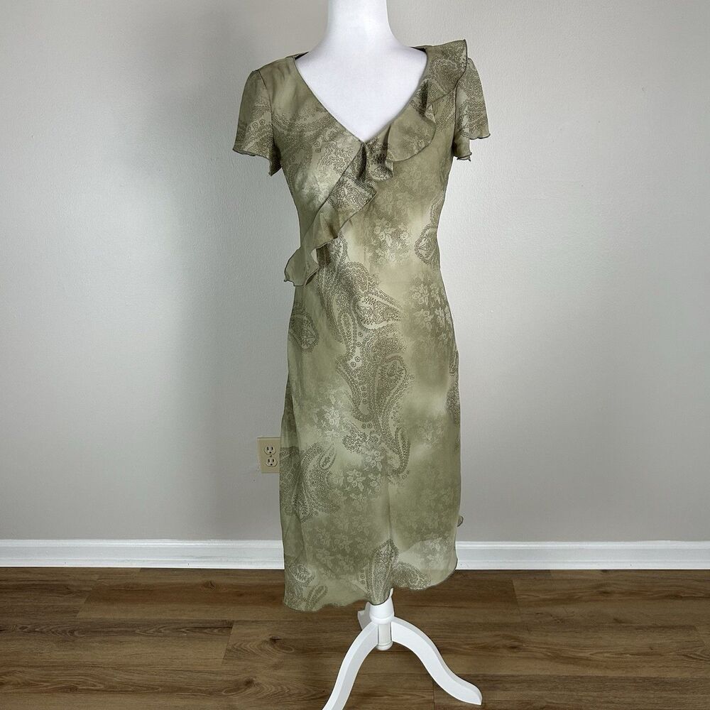 Vintage Small Green Paisley Midi Dress Ruffle Asymmetrical Fairy Grunge Nymph